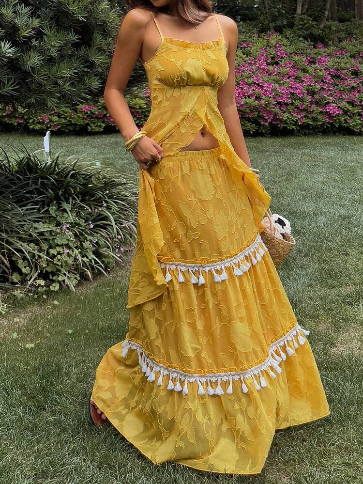 Women's Cutout Lace Camisole And Tassel Trim Midi Skirt 2 Pieces Set Vacation Outfits Women