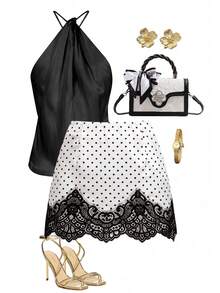 Ellevyn Women's Polka Dot Lace Hem Mini Skirt - Black and White - View 1