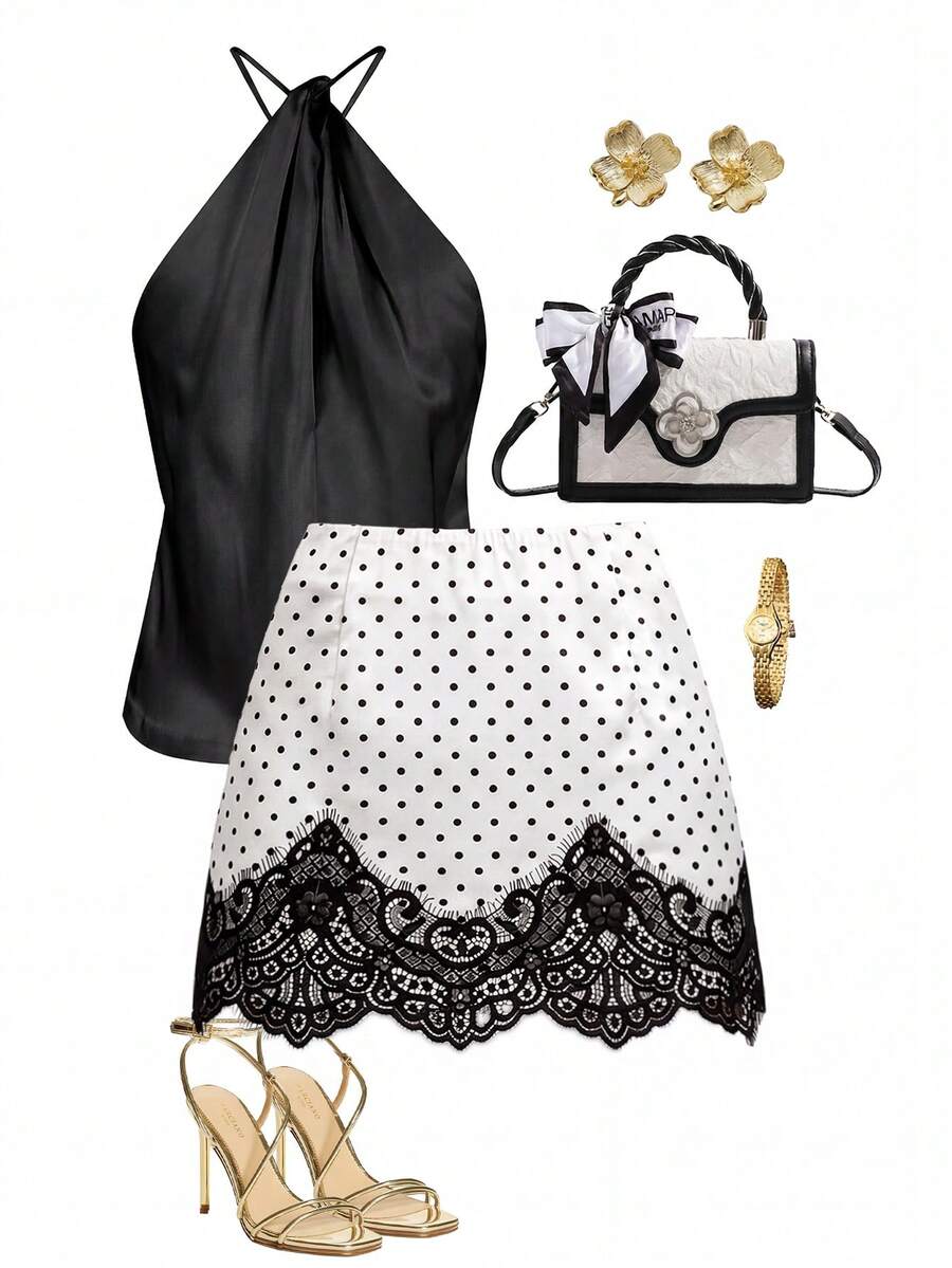 Ellevyn Women's Polka Dot Lace Hem Mini Skirt - Black and White - View 1