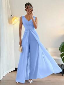 Rafferiza Elegant V-Neck Ruched Waist Pearl Chiffon Wide Leg Jumpsuit, Suitable For Wedding Guest Dresses, Purple, Graceful Ladies Jumpsuit Light Blue Jumpsuit Elegant Jumpsuit Summer Jumpsuit - Baby Blue - View 3