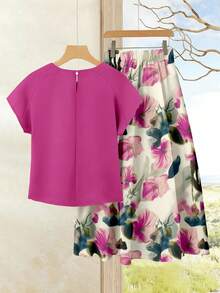 Rusticease 女士度假休闲纯色上衣+印花半裙两件套，女士夏季套装，夏季半裙套装，半裙上衣套装，女士半裙上衣套装，印花半裙套装 - 彩色 - 查看 2