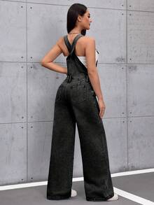 SHEIN Tall 女款休閒口袋寬腿牛仔吊帶褲，適合高個女性 - 黑色 - 查看 2