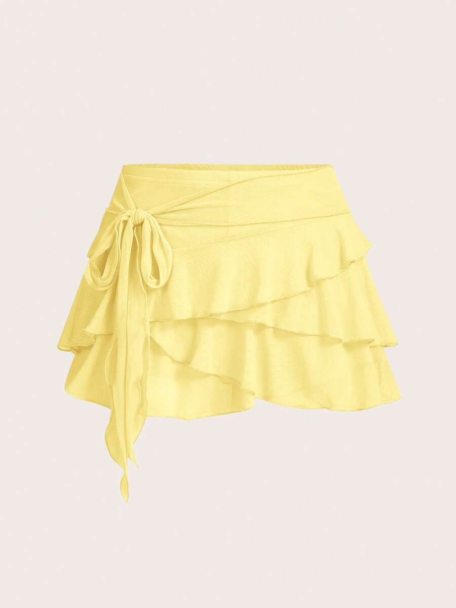 SHEIN ICON Women's Multi-Layer Ruffle Trim Low Rise Y2K Mini Black Skirt - Yellow - View 1