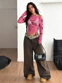 Coolane Women's Summer Cover Up Vinatge Streetwear Newspaper Pattern Graphics Stretchy Off Shoulder Asymmetrical Neck Pink Tops - Pink - View 3