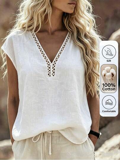 Louniche Women's V-Neck Ruffle Trim Casual Vacation White Blouse, Summer