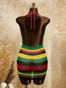 Swim SXY Vestido curto feminino elegante estilo resort brasileiro, com listras coloridas, decote nas costas e amarração frontal em tricô. - Multicolorido - Ver 7