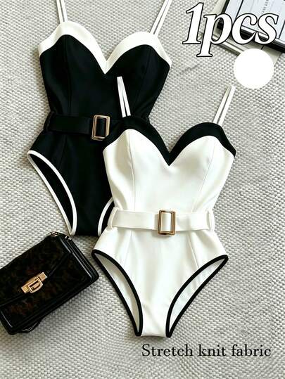 Franclia 1 pieza Body de mujer con escote en forma de corazón, incluye cinturón de cintura de metal, minimalista y versátil, body blanco de una sola pieza, adecuado para un estilo intelectual de viajero; verano, vacaciones de verano, primavera, ropa de mujer de primavera, ropa de playa, atuendo de cumpleaños, vestido de cumpleaños, actividades al aire libre, vacaciones, ropa casual; estilo Y2K, ropa de temporada de graduación; body blanco casual versátil y de moda para uso diario