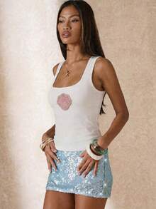 SHEIN BAE Áo tank top nữ cổ vuông thêu ngọc trai và vỏ sò, kiểu dáng thường ngày. - Màu be - Xem 5