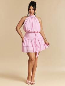 SHEIN BAE 大码女式夏季荷叶边吊带迷你连衣裙，粉色 - 粉色 - 查看 1