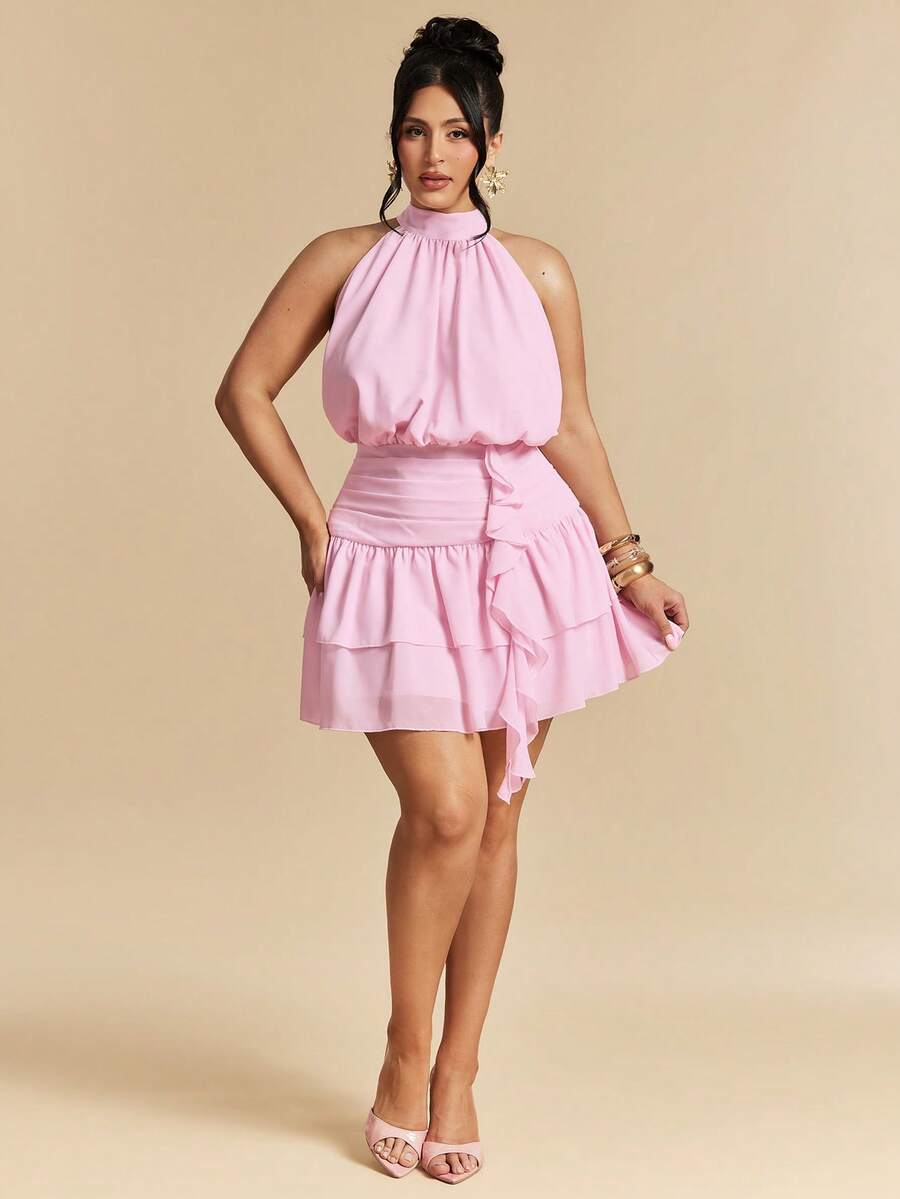 SHEIN BAE 大码女式夏季荷叶边吊带迷你连衣裙，粉色 - 粉色 - 查看 1