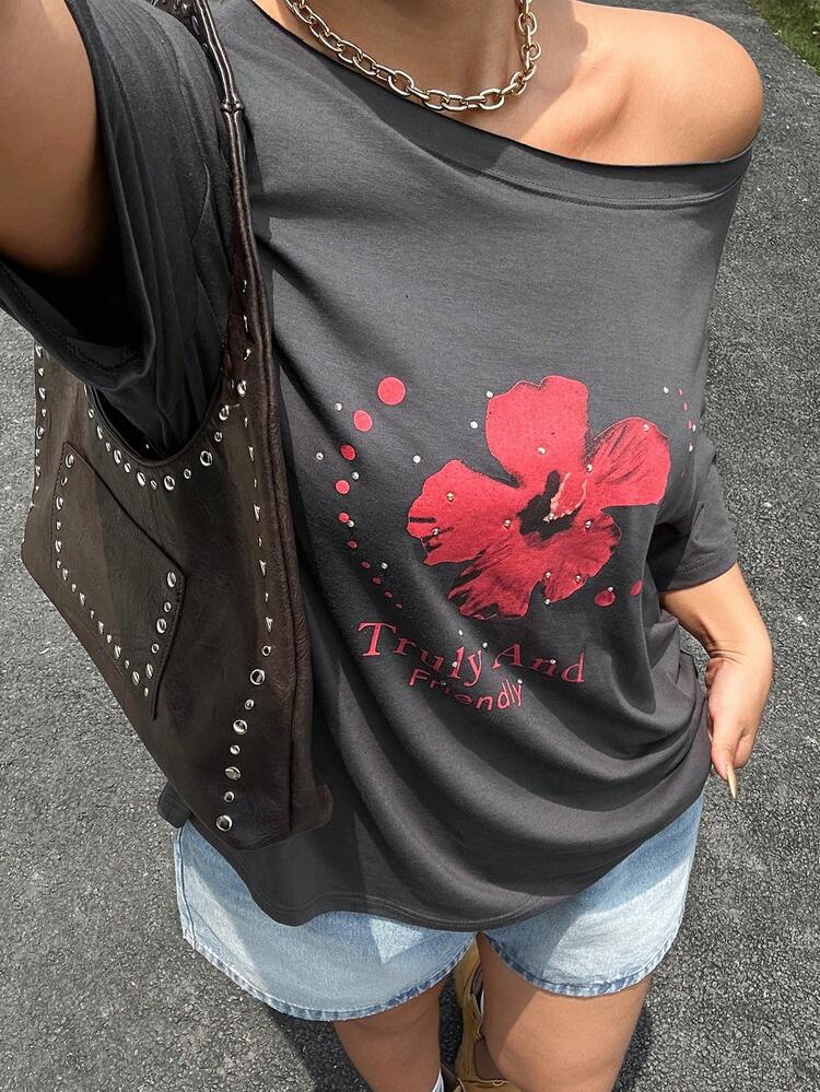 Dazy Plus Plus Size Scoop Neck Off-Shoulder Loose Floral Print T-Shirt, Blogger Street Style For Spring/Summer, Plus Size