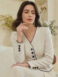 Dazy-Less Chaqueta elegante de manga larga para mujer con decoración de líneas, ajuste ceñido para uso en la oficina, primavera y verano - Blanco - Ver 6