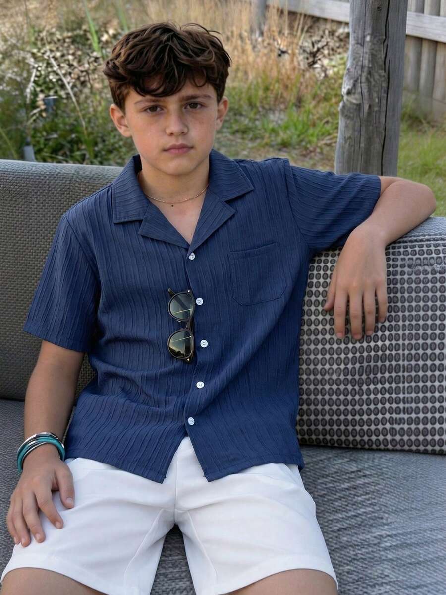 Set de 2 piezas de camisa de tela texturizada casual y pantalones cortos blancos para niños adolescentes, moda minimalista adecuada para uso diario, ir al trabajo, vacaciones - Multicolor - Ver 1