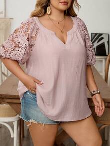SHEIN CURVE+ Ladies' Elegant Embroidered Three-Dimensional Floral Lace Fabric Splicing Shirt With Plus Size For Spring And Summer, New 2026 Spring And Summer Shirt - Dusty Pink - View 7