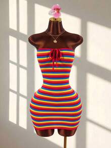Bohemian Style Textured Fabric Cutout Bust Tie-Up Bodycon Mini Dress - Multicolor - View 3