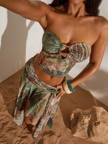 Opulessa Knit Mesh Printed Fitted Tube Top & Slit Flowy Hem Skirt, Spring/Summer Vacation - Green - View 7