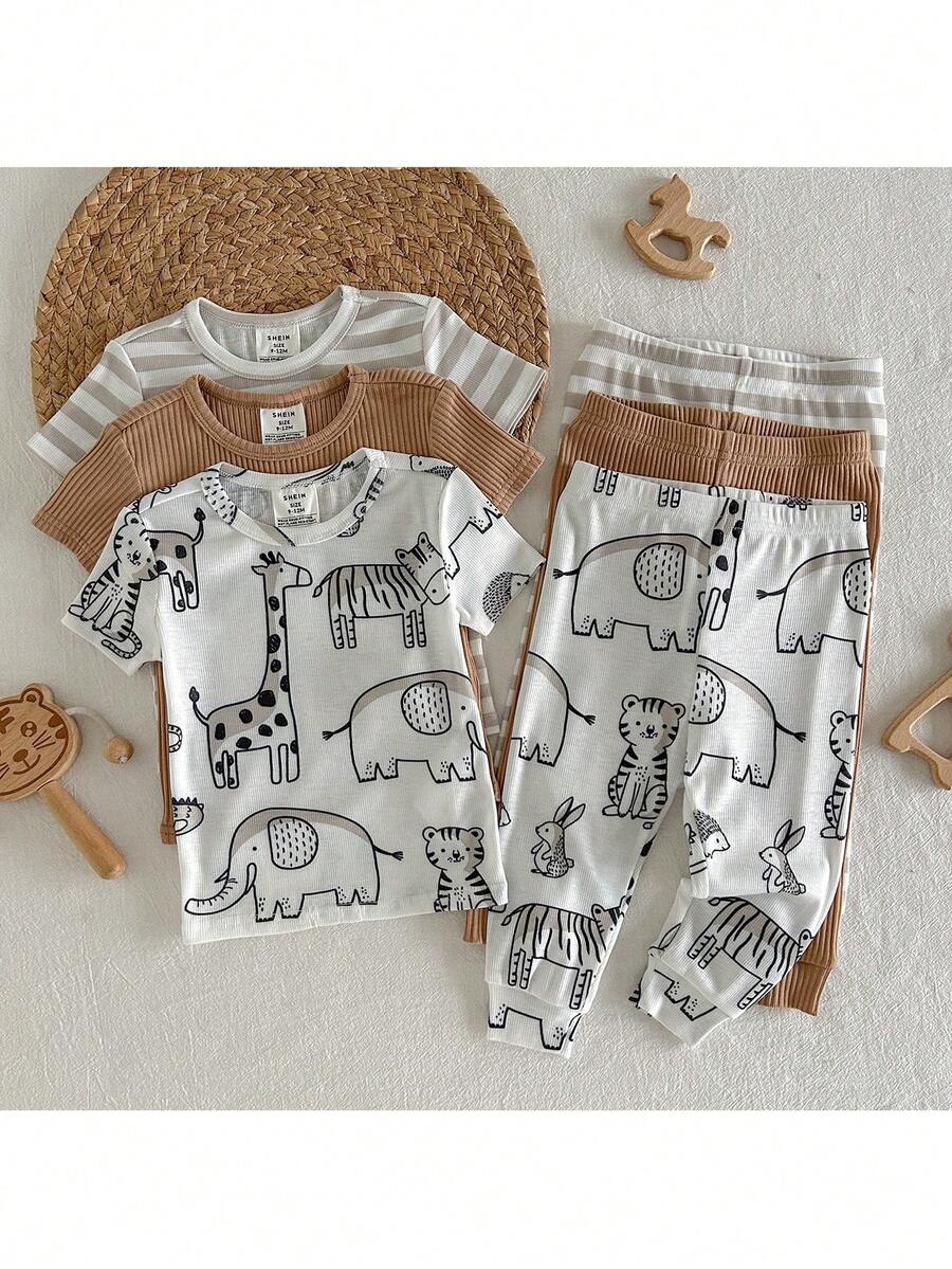 6件套男婴贴身睡衣套装，卡通动物印花柔软针织圆领长袖上衣和松紧腰长裤 - 彩色 - 查看 1
