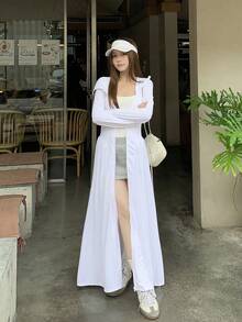 DAZY 女士长款连帽罩衫，休闲甜美文艺风，宽松版型，适合春、夏、秋季、海滩、度假穿着，轻便户外长袖外套 - 白色 - 查看 8