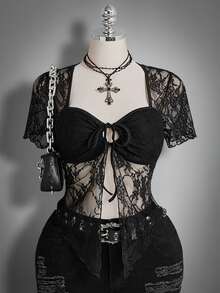 SHEIN ICON Áo ren tay ngắn buộc dây phía trước cổ vuông gợi cảm cỡ lớn, kiểu dáng cổ điển Y2K. - màu đen - Xem 4