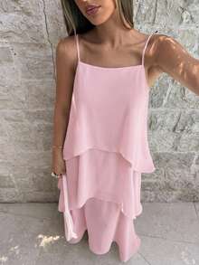 Aloruh Vestido de vacaciones elegante de unicolor con tirantes finos de color azul - Rosa Pálido - Ver 4