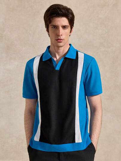 Courvante Camisa polo de manga corta casual y de oficina con rayas para hombre