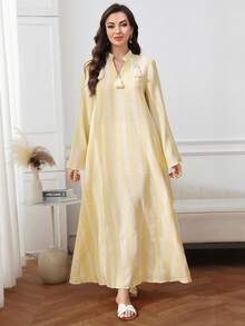 Al Najma Áo Abaya truyền thống Ả Rập tay dài dáng rộng, thiết kế sọc tua rua dành cho nữ - Màu vàng - Xem 4