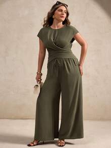 SHEIN Privé Plus Size Women Spring/Summer Twist Knot Cinched Waist Elegant Suit - Army Green - View 4