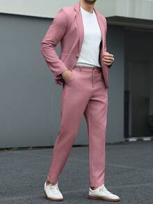 Manfinity Mode 男士素色春夏長袖西裝外套與斜口袋休閒西裝褲套裝，正式禮服，儀式用 - 粉色 - 查看 4