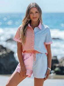 Sylviya 彩色条纹衬衫和短裤休闲运动两件套，度假 - 橘色 - 查看 5