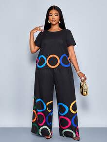 SOLERSUN Plus Size Women's Spring/Summer Fashion Circular Pattern Positioning Print Round Neck Short-Sleeved Loose Casual Blouse Paired With Wide-Leg Pants Two-Pieces Set, St. Patrick's Day, Easter, Music Festival - Black - View 5