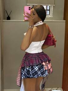 SHEIN HypeZone Chân váy ngắn nữ kiểu punk kẻ caro phối nhiều mảnh - Nhiều màu - Xem 3