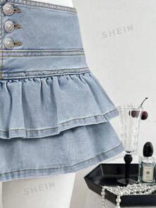 SHEIN Tall Chân váy ngắn denim xếp ly thời trang dành cho nữ cao - Rửa nhẹ - Xem 5