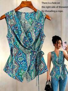 SHEIN LUNE CURVE 大码女式复古彩色腰果花V领交叉系带无袖修身衬衫，时尚休闲背心，适合工作、度假、约会等场合，百搭夏季新品 - 藍色 - 查看 3