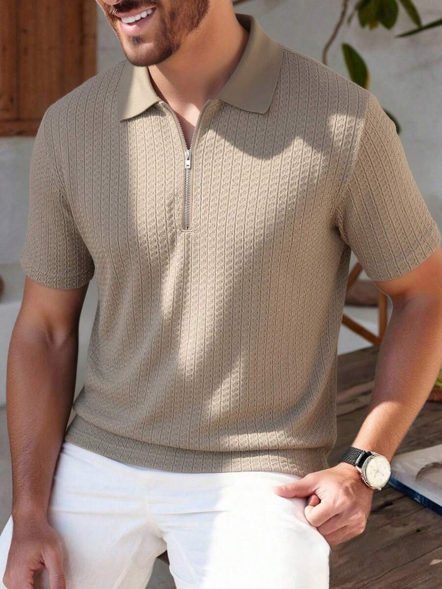Manfinity Homme 男士紋理半拉鍊 Polo 衫,修身短袖休閒上衣,適用工作與休閒,卡其色,夏季,休閒,度假,正式 - 卡其色 - 查看 1