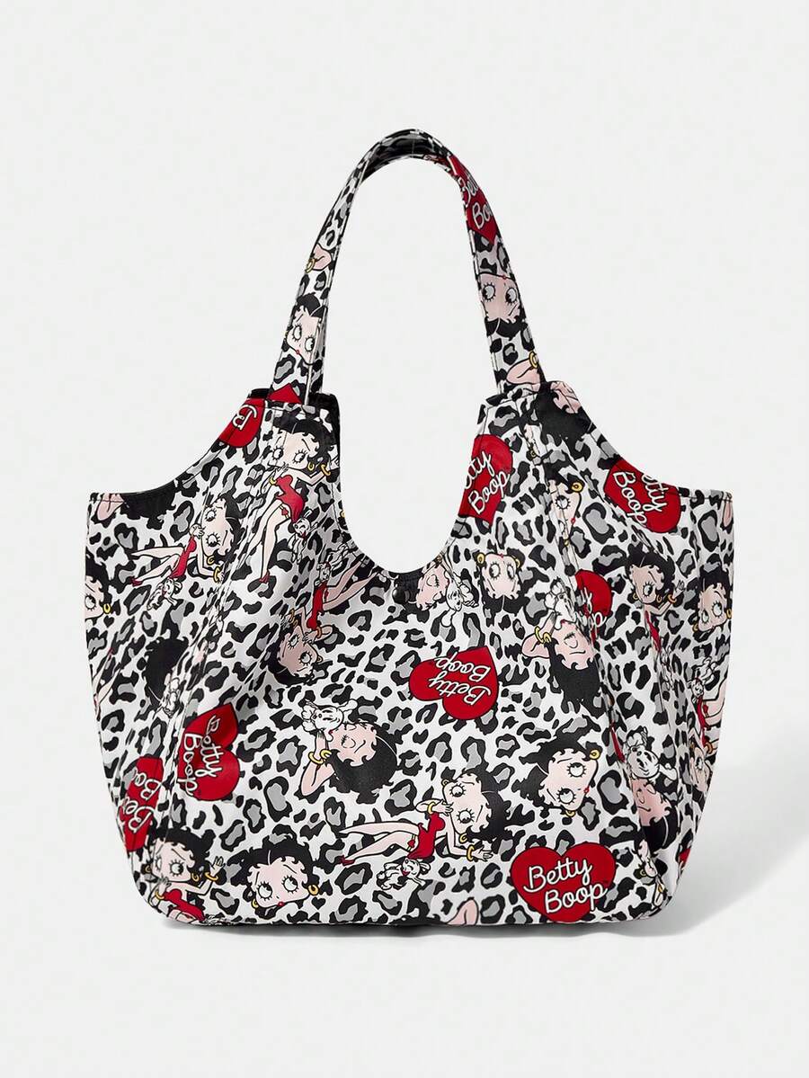 Betty Boop x SHEIN 1 buah Tas Bahu Kapasitas Besar dengan Motif Cetak, Cocok untuk Berkemah, Pantai, Perjalanan, Belanja, Sekolah, Kerja, dan Acara Lainnya. - Leopard mencetak hitam - View 1