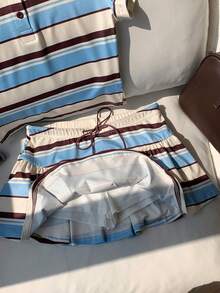 Conjunto de 2 piezas de camiseta de manga corta a rayas y minifalda casual de verano para mujer - Multicolor - Ver 4