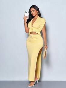 SOLERSUN 女士夏季时尚休闲露背性感短款上衣搭配高开衩褶皱半裙两件套，黄色套装，度假套装，露背针织套装，外出服，度假服，海滩度假服 - 黃色 - 查看 1