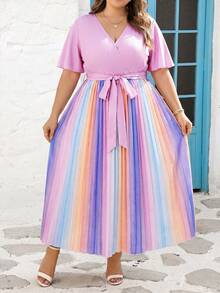 SHEIN CURVE+ Curve 尺码 US22 音乐节、海滨度假、波西米亚风女士彩虹褶皱V领灯笼袖系带背心毕业礼服婚礼宾客礼服女士学位模拟礼服女士沙滩裙女士假日太阳裙生日礼服女士骄傲节女士礼服优雅礼服女士休闲礼服女士生日礼服女士夏季礼服女士夏季礼服 - 彩色 - 查看 5