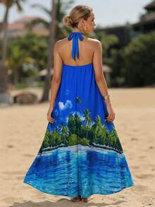 Swim Vcay Tropical Print Halter Backless A-Line Dress, Elegant Beach Vacation Casual Dress Party - Royal Blue - View 2