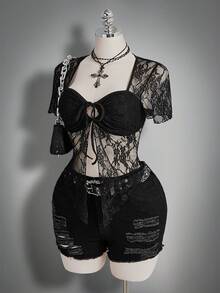 SHEIN ICON Áo ren tay ngắn buộc dây phía trước cổ vuông gợi cảm cỡ lớn, kiểu dáng cổ điển Y2K. - màu đen - Xem 6