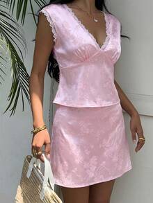 Women's Floral Lace Trim Blouse And Mini Skirt Fashion Date Outfit Set, Light Pink - Baby Pink - View 4