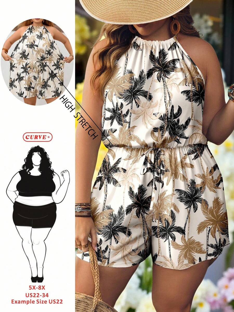 SHEIN CURVE+ Curve 尺码 US22 音乐节、海滨度假、波西米亚风女士度假植物印花休闲吊带连体裤短款连体裤可爱女式连身裤 - 彩色 - 查看 1