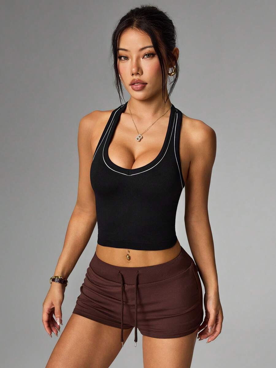 SHEIN Sports Women's Seamless Casual Athleisure Sexy Fitness Outdoor Sports Running Workout Yoga Tank Top Gym Black Summer - Black and White - View 1