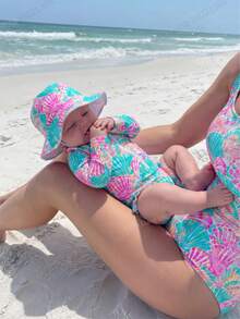 SHEIN Newborn Baby Beach Vacation Style Bow Striped Print Half Zip Front Ruffle Hem One-Piece Swimsuit With Swim Cap - Blue - View 1
