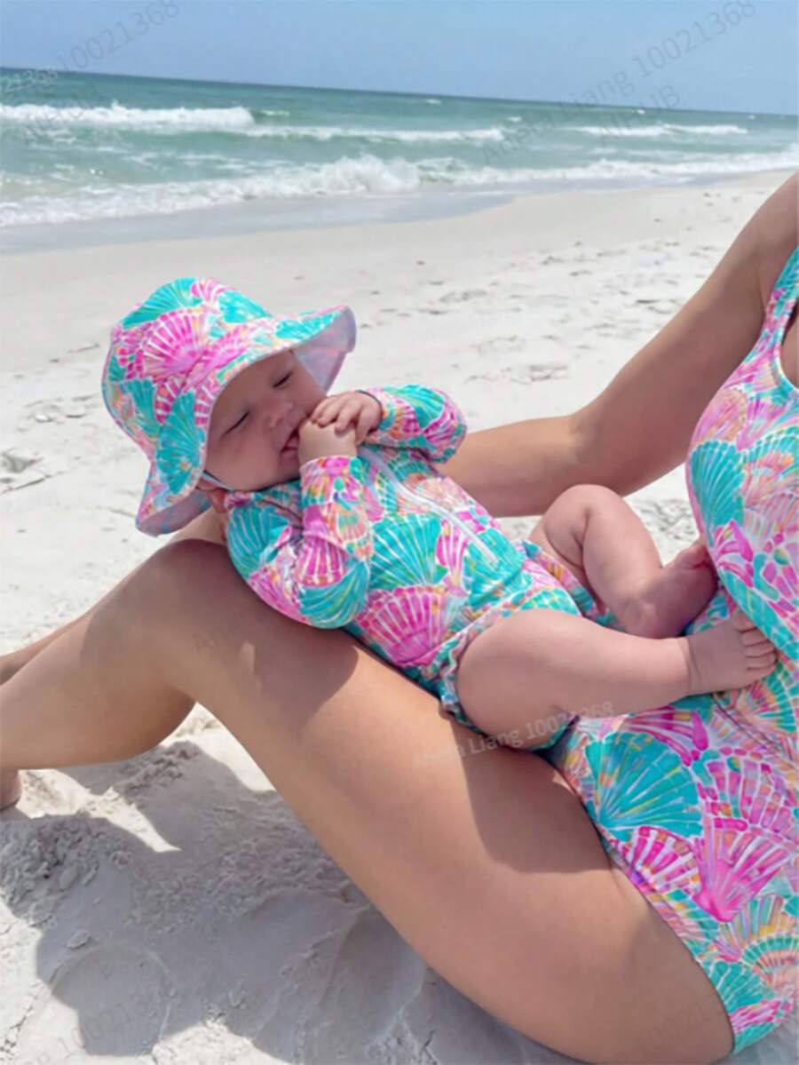 SHEIN Newborn Baby Beach Vacation Style Bow Striped Print Half Zip Front Ruffle Hem One-Piece Swimsuit With Swim Cap - Blue - View 1