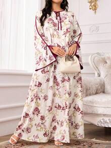 Yasmyna Plus Size Women's Floral Print Tie Neck Long Sleeve Loose Fit Dress Women Casual Dress - Multicolor - View 7