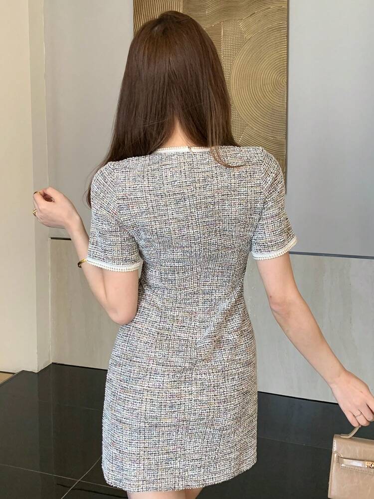 Women's Elegant Contrast Trim Button Decor Mini Party Dress