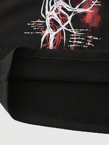 ROMWE MEN Goth Men's Casual Fashionable Street Daily Commute Cross Logo Print Drawstring Waist Shorts, Summer - Black - View 3
