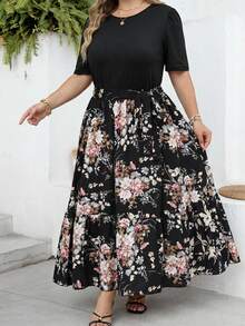 SHEIN CURVE+ Curve 尺码 US22 音乐节、海滨度假、波西米亚风夏季休闲度假印花拼接短袖连衣裙长裙 - 彩色 - 查看 6