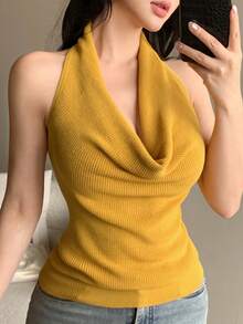 Joudiya 女士休闲吊带针织背心，优雅吊带设计，适合春季、夏季、情人节、婚礼、海滩、街头穿着 - 黃色 - 查看 1